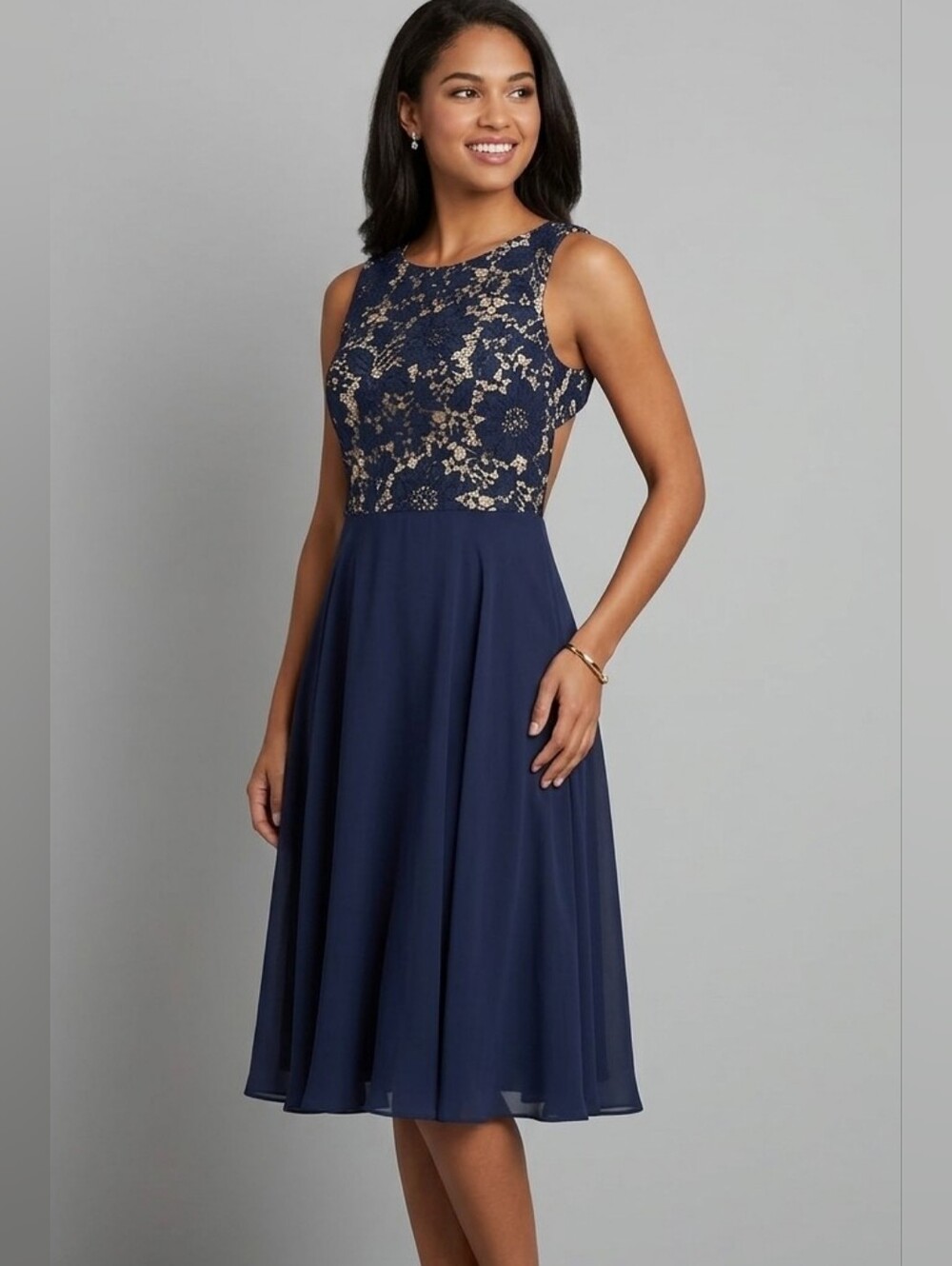 Ronni Nicole Navy Blue Floral Lace Bodice Chiffon Midi Dress Size 6